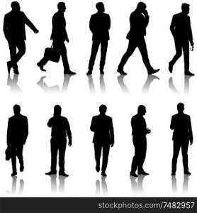 Set Black silhouette man standing, people on white background.. Set Black silhouette man standing, people on white background
