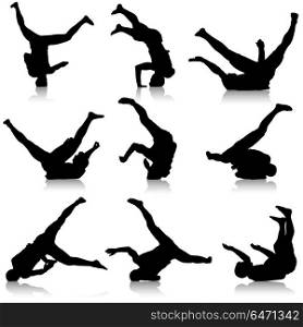 Set Black Silhouettes breakdancer on a white background. Set Black Silhouettes breakdancer on a white background.