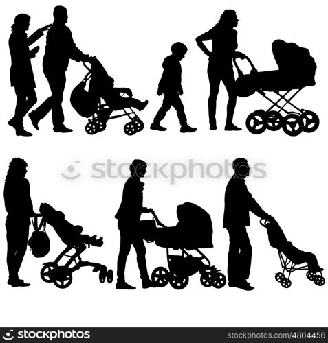 Set black silhouettes Family with pram on white background. Vector illustration. Set black silhouettes Family with pram on white background. Vector illustration.