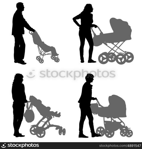 Set black silhouettes Family with pram on white background. Vector illustration. Set black silhouettes Family with pram on white background. Vector illustration.