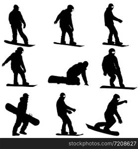 Set black silhouettes snowboarders on white background.. Set black silhouettes snowboarders on white background