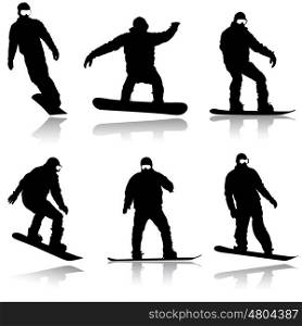 Set black silhouettes snowboarders on white background. Vector. Set black silhouettes snowboarders on white background. Vector illustration.
