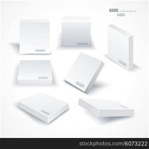 Set blank white boxes in different planes with shadows isolated on white.