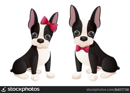 Set boston terrier girl and boy puppy with bow sitting in cartoon style isolated on white background. Cute dog, print design. Vector illustration