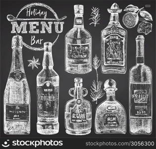 Set bottles Whiskey, rum, champangne, wine tequila on black chalk board background Vintage hand drawn sketch design bar, restaurant, cafe menu, flyer, banner, poster engraving style Graphic vector art. Set bottles Whiskey, rum, champangne, wine, tequila on black chalk board background Vintage hand drawn sketch design bar, restaurant, cafe menu, flyer, banner, poster engraving style Graphic art