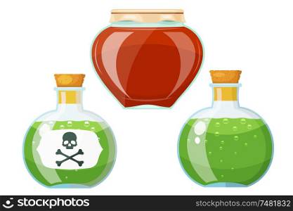 Set bottles with poison. Cardboard style. Vector illustration of a set of ancient glass vessels with poison.