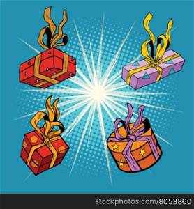 Set boxes with gifts, pop art retro vector illustration. Holiday, birthday and Christmas