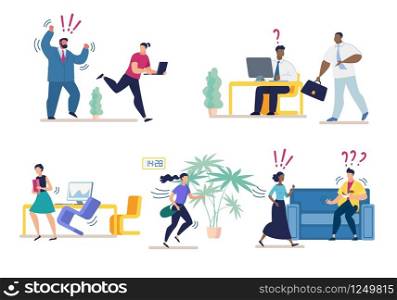 Set Bright Banner Misunderstanding at Work Flat. Modern and Comfortable Space. Aggressive Boss Drives Office Subordinates. Difficulty Communicating in Workplace. Cartoon. Vector Illustration.