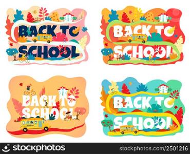 Set bright banners, posters Back to school With the school bus, a girl riding a bike. Autumn in pink and blue tones. Colorful leaves, pears and apples on a tree. EPS 10 vector