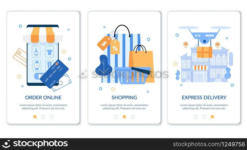 Set Bright Flyer Inscription Order Online Flat. Banner is Written Shopping, Express Delivery. Selection an Object for Investing Money. Application for Delivery Goods. Vector Illustration.