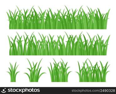 Set bright juicy green summer grass. Crochet herbal border. Greenery decoration bundle. Meadow natural herbs, lawn vector illustration. Set bright juicy green summer grass