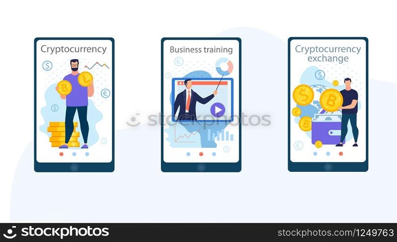 Set Bright Poster Inscription Cryptocurrency Flat. Flyer Written Business Training, Cryptocurrency Exchange. Computer Network Distribution. On Smartphone Screen Man Holds Gold Coin.