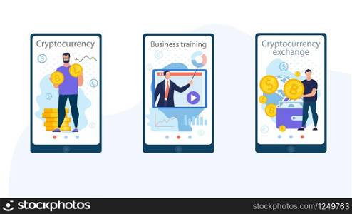 Set Bright Poster Inscription Cryptocurrency Flat. Flyer Written Business Training, Cryptocurrency Exchange. Computer Network Distribution. On Smartphone Screen Man Holds Gold Coin.