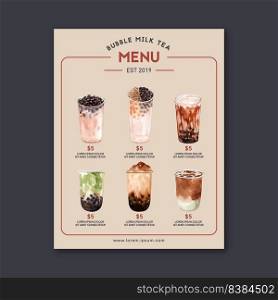 set brown sugar bubble milk tea and matcha menu, ad content vintage, watercolor illustration design