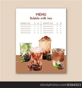 set brown sugar bubble milk tea and matcha menu, ad content vintage, watercolor illustration design