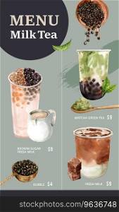 Set brown sugar bubble milk tea and matcha menu Vector Image