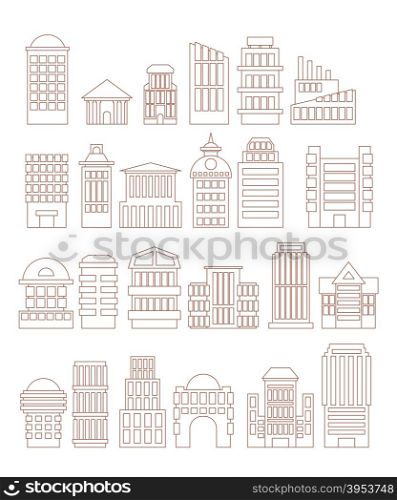 Set buildings icons. Public and administrative complexes. Large business centers. Skyscrapers and towers. Urban structure. Urban icons of lines. Elements of the city. Outline government buildings