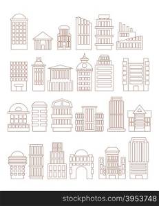 Set buildings icons. Public and administrative complexes. Large business centers. Skyscrapers and towers. Urban structure. Urban icons of lines. Elements of the city. Outline government buildings