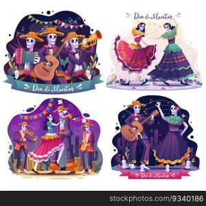 Set bundle of Dia De Muertos with Couple of skulls dancing together to music and skeletons musicians celebrates of Dia De Los Muertos. Day Of Dead Traditional Mexican Halloween Holiday Party. vector illustration