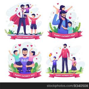 Set bundle of Happy father&rsquo;s day with Father playing with his childrens. Flat vector illustration	