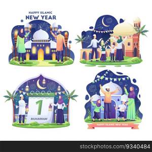 Set bundle of Muslim family celebrating Islamic new year with torches festival. Flat vector illustration 