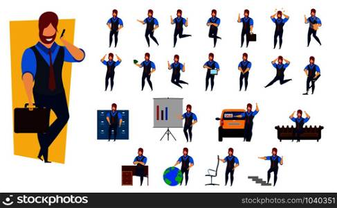 Set business person vector illustration character design. Businessman male professional cartoon office young human worker job concept. Corporate flat employee finance guy. Happy leader staff pose