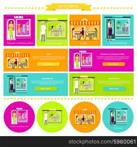 Set cafe restaurant shop hairdresser. Barbershop salon, woman clothing store, building house architecture, town facade, awning and boutique illustration in flat design. Set of banners