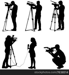 Set cameraman with video camera. Silhouettes on white background.. Set cameraman with video camera. Silhouettes on white background