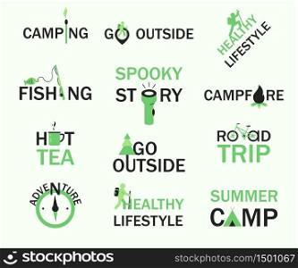 Set camping and outdoors icons with lettering and elements for web