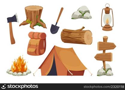 Set camping equipment campfire, tent, lantern, shovel and axe, travel backpack wood log and stump in cartoon style isolated on white background. Forest activity, vacation. Vector illustration