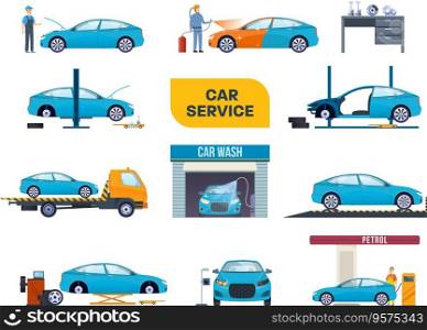 Set car service car repair machines equipment vector image