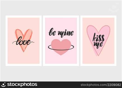 Set cards with hearts and hand lettering. Romantic postcards with declaration of love. Collection of printable templates vector illustration. Set cards with hearts and hand lettering