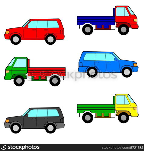 Set cars, trucks and cars. Vector illustration.