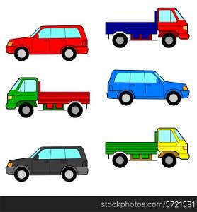 Set cars, trucks and cars. Vector illustration.