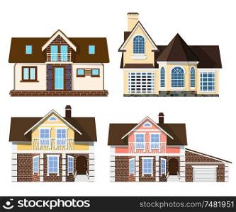 Set Cartoon beautiful small cozy rural houses on a white background. Vector illustration