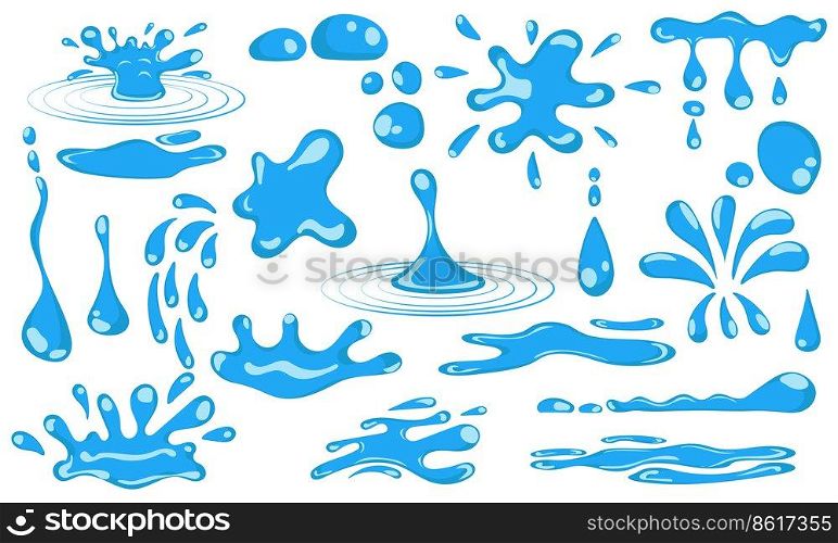 Set cartoon blue dripping water drops and liquid icon collection. Shape water is splashing, flowing, flowing and water droplet. Clean and fresh aqua and wet bubble. Flowing dew vector illustration