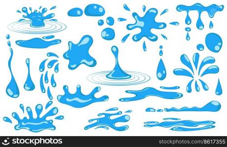 Set cartoon blue dripping water drops and liquid icon collection. Shape water is splashing, flowing, flowing and water droplet. Clean and fresh aqua and wet bubble. Flowing dew vector illustration