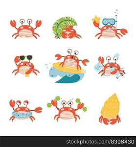 Set cartoon crab character emotion. Isolated vector illustration on white background. 