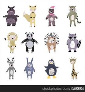 Set cartoon cute animals for kids in scandinavian style. Set cartoon cute animals for kids in scandinavian style zoo hippopotamus, fox bear, panda. Vector isolated postcard flyer, page, banner design.