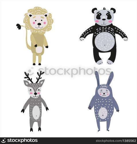 Set cartoon cute animals for kids in scandinavian style. Set cartoon cute animals for kids in scandinavian style zoo. Vector isolated postcard flyer, page, banner design.