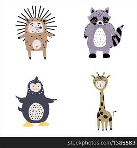 Set cartoon cute animals for kids in scandinavian style. Set cartoon cute animals for kids in scandinavian style zoo. Vector isolated postcard flyer, page, banner design.
