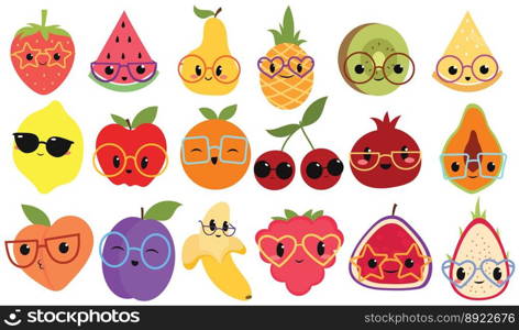 Set cartoon fruits with glasses collection vector image