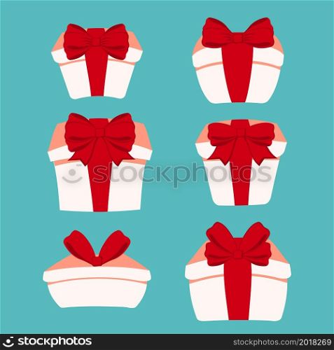 Set cartoon gift boxes in flat style. Gift boxes with red ribbon.Cartoon packaging. Happy birthday holiday background. Box vector. Award concept background. Holiday concept. Christmas icon.. Gift boxes with red ribbon.Cartoon packaging.