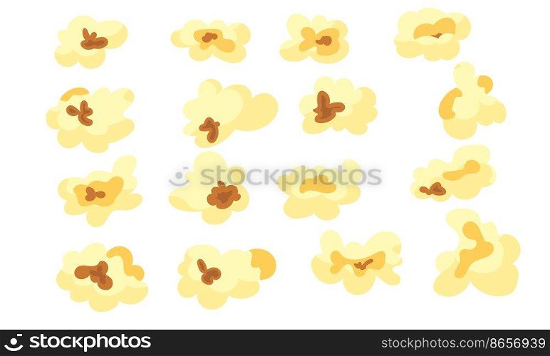 Set cartoon kernels popcorn and pop corn snack. Collection tasty icon grain maize and salty eat. Caramel sweetcorn for movie and isolated single nutrition. Closeup fluffy treat vector illustration