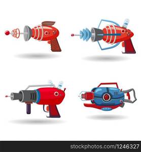 Set cartoon retro space blaster, ray gun, laser weapon. Vector illustration. Set cartoon retro space blaster, ray gun, laser weapon. Vector illustration. Cartoon style
