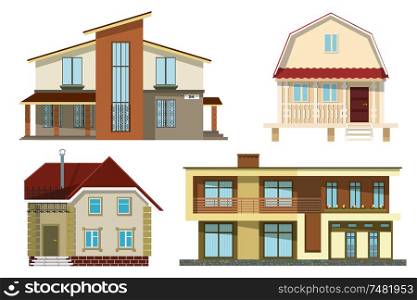 Set Cartoon small cozy rural houses on a white background. Vector illustration