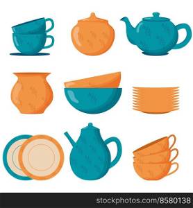 Set ceramic kitchenware. Cute handmade ceramic plates, mugs, sugar bowl, teapots, dishes. Kitchen tools, pottery Vector illustration. Set ceramic kitchenware. Cute handmade ceramic plates, mugs, sugar bowl, teapots, dishes. Kitchen tools, pottery. Flat vector illustration
