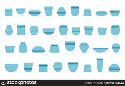 Set ceramic pots for growing house plants and flowers isolated on white background. Flat style vector icons.