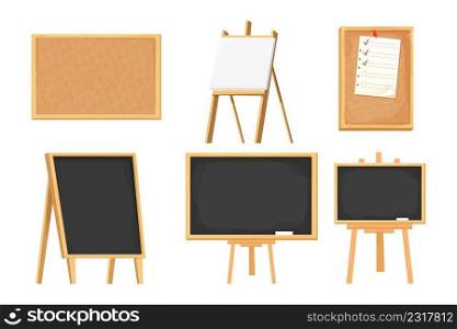 Set chalkboard, blackboard, easel, cork board on tripod in cartoon style isolated on white background. Collection presentation empty frames, mock up. Vector illustration