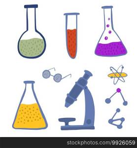 Set chemical laboratory equipment on white background. Abstract medical atom, microscope, glass, flask, test tube with reagents in doodle style vector illustration.. Set chemical laboratory equipment on white background. Abstract medical atom, microscope, glass, flask, test tube with reagents in doodle style.